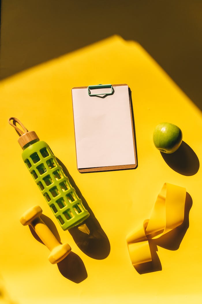 Bright flat lay of fitness essentials including dumbbells, water bottle, and apple on a yellow background.