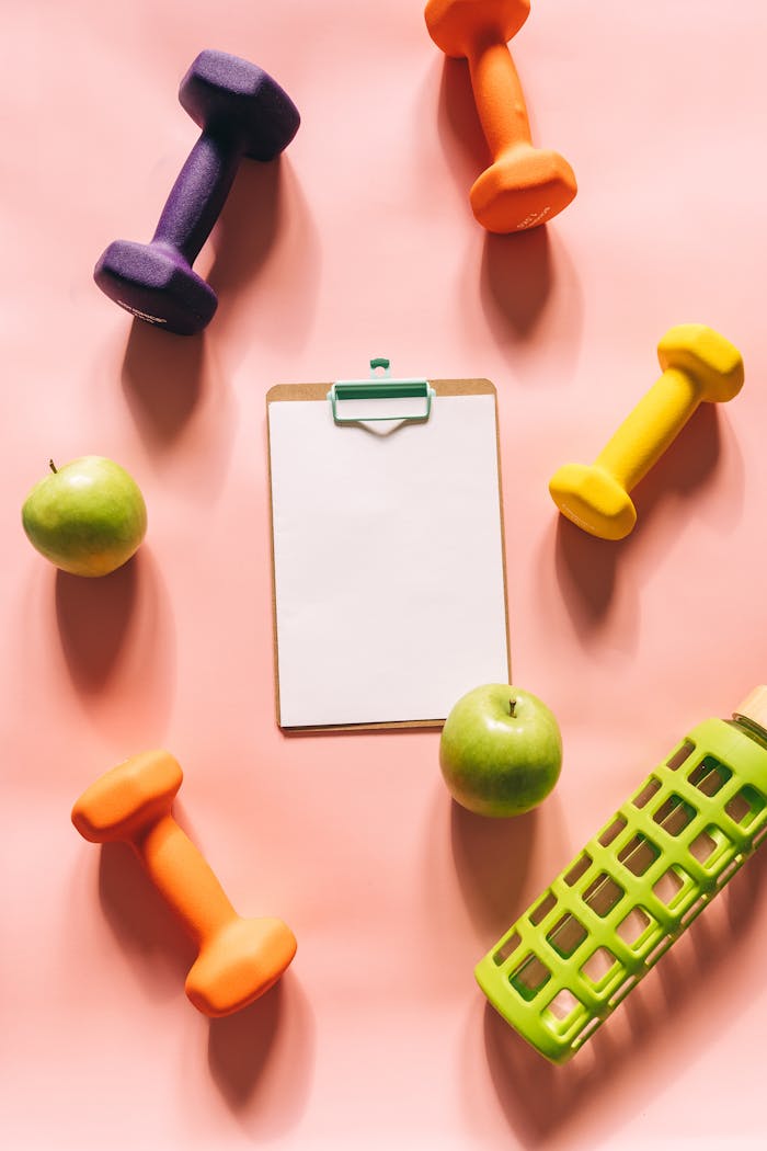 services-img Flat lay of gym weights, apples, clipboard, and water bottle on peach background.